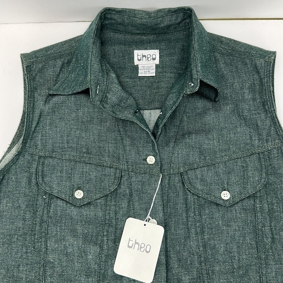 Vtg Theo Denim Button Up Sleeveless Shirt Top NWT Chest Pockets Curved H… - Picture 3 of 9